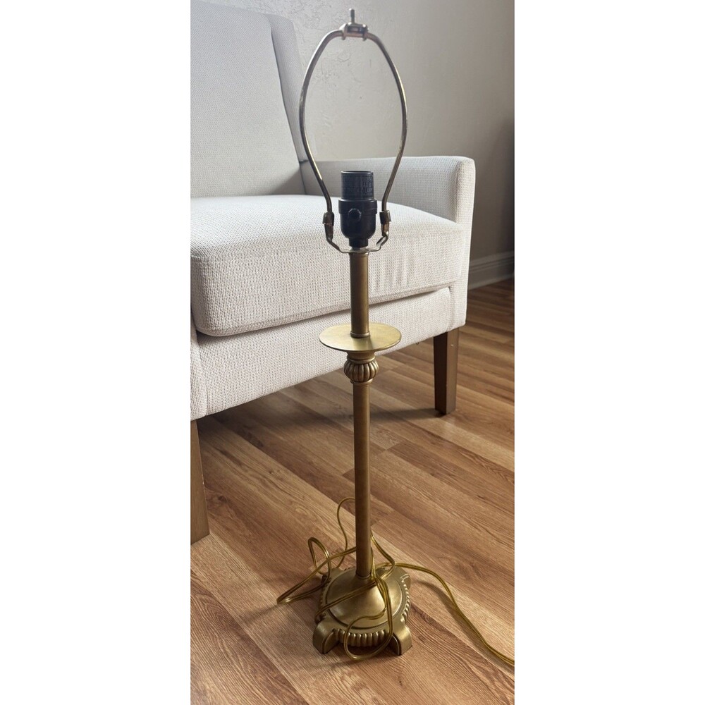 Vintage Gold Brass Tone Table Lamp Ornate Base Traditional 27” Tall No Shade